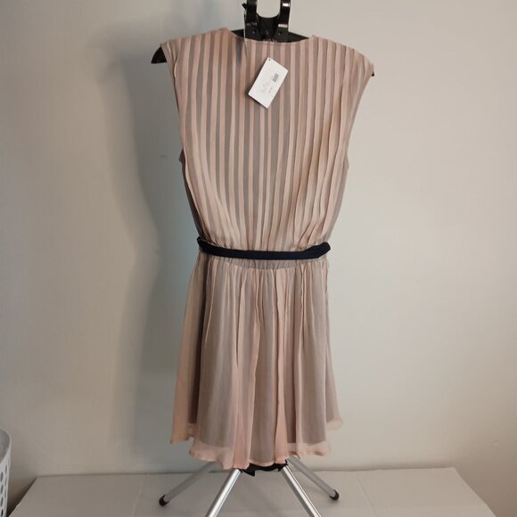 MM Couture Feminine Women’s Tan & Black Silk V-Neck Belted Dress Size L NWT - Picture 7 of 15